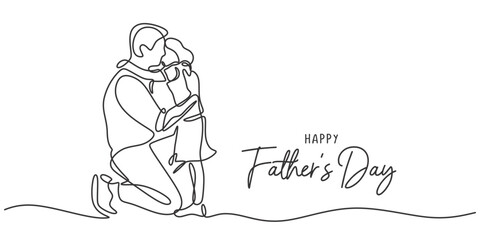 Obraz premium Father and child hugging, minimalist one line art, vector on white.