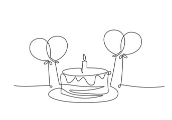 Minimalist Line Drawing of Cake and Balloons - Vector Banner for Celebratory Events.