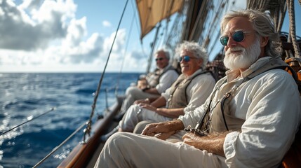 Elderly friends relaxing on a yacht, surrounded by the tranquil blue waters