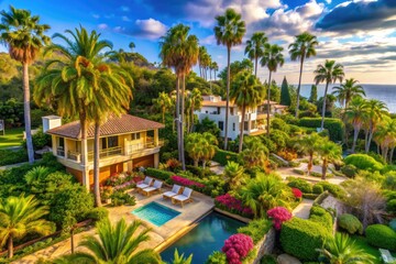Fototapeta premium Tropical Oasis: Malibu homes surrounded by lush greenery, featuring outdoor living spaces, palm trees, and vibrant colors.