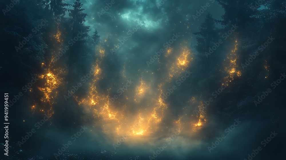 Poster a mystical forest scene with an ethereal glow in the sky. the trees frame the golden light, adding a