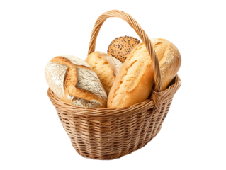 Basket with assorted bread loaves isolated on transparent or white background