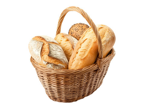 Basket with assorted bread loaves isolated on transparent or white background