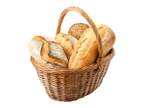 Basket with assorted bread loaves isolated on transparent or white background