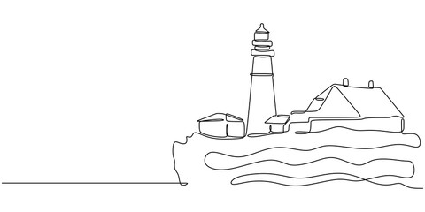 Continuous one line drawing of lighthouse tower. castle hill tower, sea scape line art illustration.