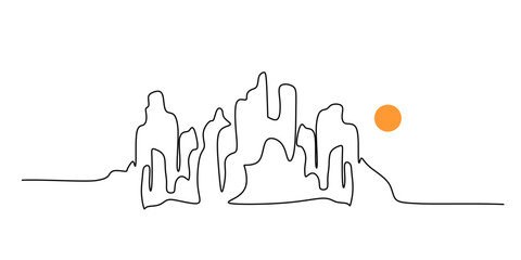 Simple hand drawn canyon with sun in continuous line drawing