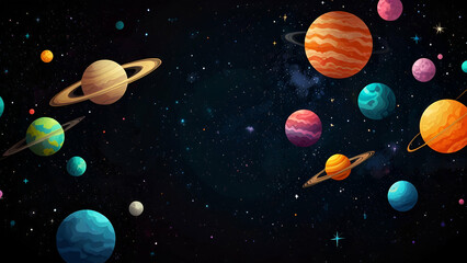 Fototapeta premium Colorful planets on dark black starry night sky illustration background.