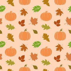Seamless pattern with autumn leaves and pumpkins, flat illustration for Halloween or Thanksgiving day.