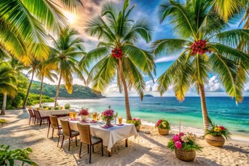 Fototapeta premium TropicalParadise: Lush and exotic beach party with palm trees, crystal-clear waters, and a tropical vibe.
