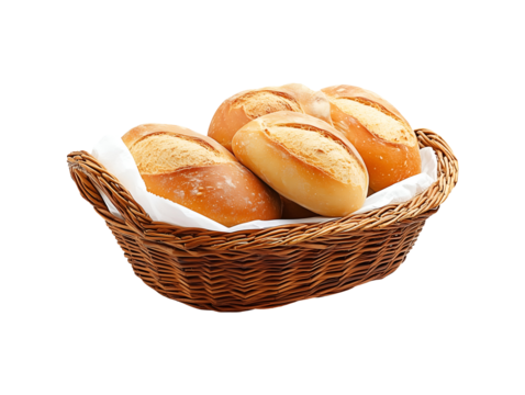 Basket of fresh bread rolls isolated on transparent or white background