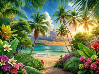 Fototapeta premium Tropical Paradise: Palm trees, exotic flowers, beachy vibes, vibrant green, serene