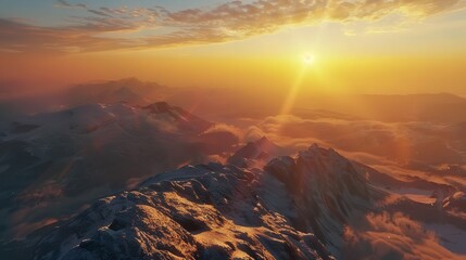 Stunning panorama of towering mountains with calm lakes under the warm light of the rising sun in the morning