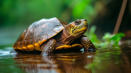Fototapeta premium Yangtze Softshell Turtle in Natural Setting, Wet Shell Sparkling in Sun, Emergent from Water, Greenery in Background, Essential for Species Preservation