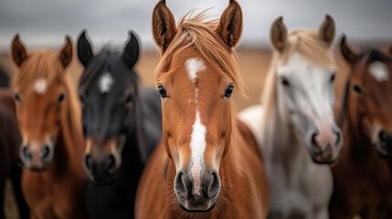 Obraz premium A beautiful image displaying multiple horses in a field, with a chestnut horse prominent in the front, capturing the grace and strength of these animals in a natural landscape.