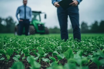 Professionals inspecting vibrant crop growth on a rural farm during overcast weather