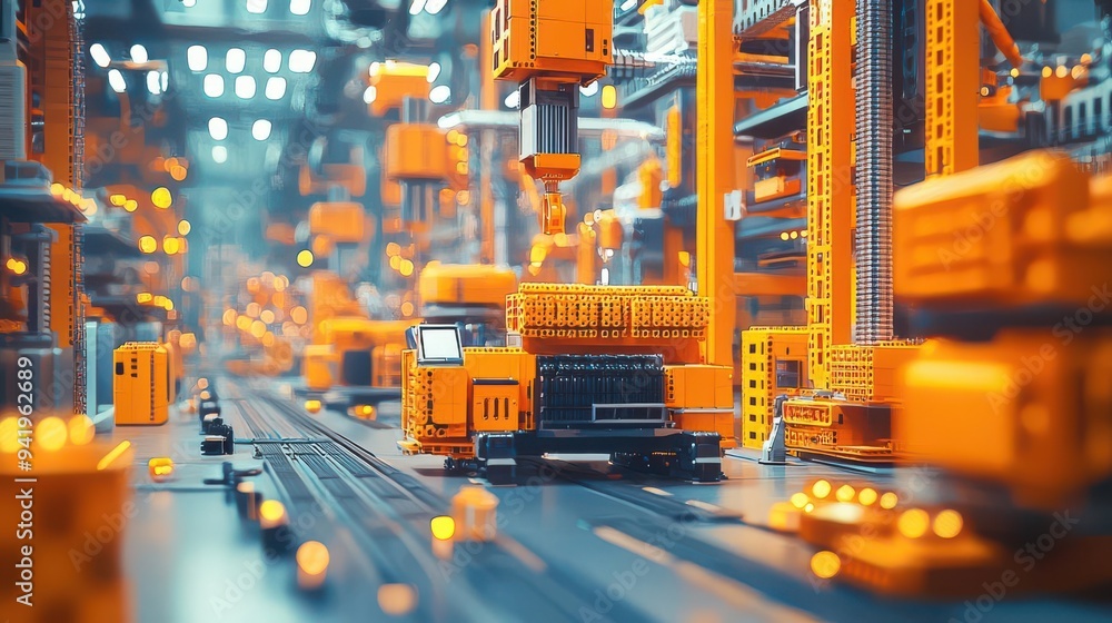 Aufkleber a vibrant warehouse filled with automated machinery and orange crates, showcasing efficiency and mod