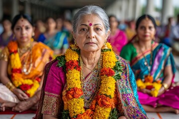 Fototapeta premium Women in traditional attire participating in a vibrant festival celebration at a temple