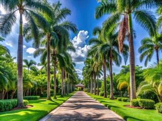 Fototapeta premium Tropical Tranquility: Lush royal palms frame a driveway, creating a serene oasis amidst tropical greenery.