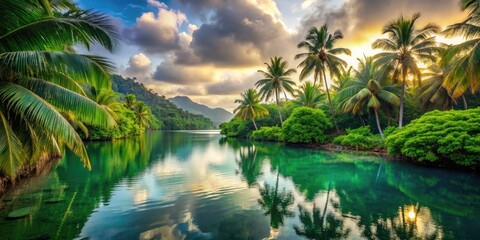Obraz premium Tropical Tranquility: Serene, Warm, Atmospheric Perspective, Lush Greens, Tranquil Waters
