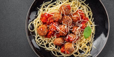 meatballs spaghetti tomato sauce gourmet meat fresh meal food snack on the table copy space...