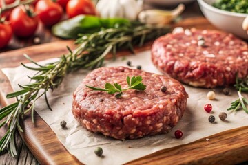 Fototapeta premium Raw Burger Patty with Herbs