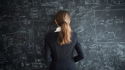 Woman Looking at Math Equations on a Blackboard