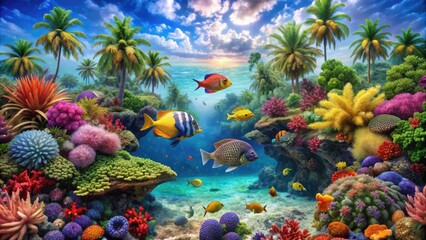 Tropical Underwater Paradise: Vibrant coral reefs, exotic fish, underwater, serene, colorful, detailed