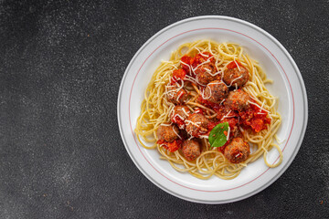 meatballs spaghetti tomato sauce gourmet meat fresh meal food snack on the table copy space foodbackground rustic top view