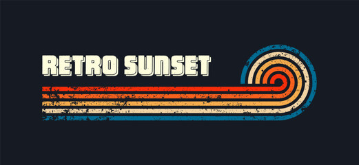 Grunge horizontal vintage sunsets. Various colorful striped sunrise badges in 80s and 90s style. Sun and ocean view, summer vibes, surfing. Design element, print, logo or t-shirt. Vector illustration