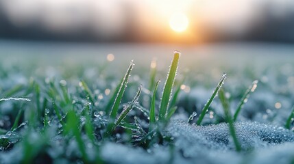 Close-up of frost-covered grass blades as the sun rises, creating a beautiful morning winter scene. The sunlight gently illuminates the frosty landscape.