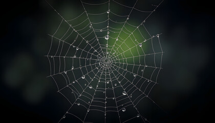 spiderweb with waterdrops, magic natural dark background isolated with white highlights, png