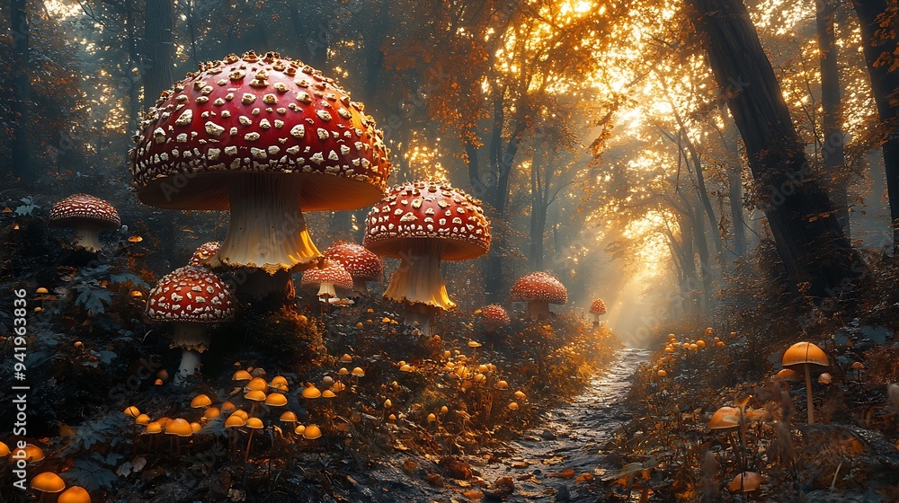 Poster a path through a misty forest with large red mushrooms and small yellow mushrooms.