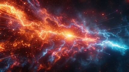 Fototapeta premium Dynamic Matrix with vibrant particles, immersive virtual reality grid, explosive star core, glowing lines, colorful flashes, light trails, deep space glitch effects.