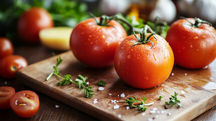 Fresh Red Tomatoes on a Wooden Cutting Board