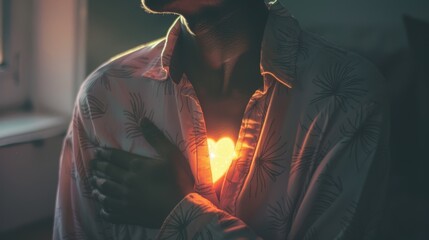 Woman holding glowing heart shape showing love and self care