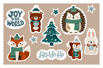 Merry Christmas and Happy New Year! Christmas sticker set. Vector, cute illustrations of forest animals: fox, bear, hedgehog, squirrel and bunny with gifts box. Perfect for the shirt, greeting card.