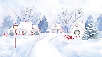 Fototapeta premium Charming winter scene with quaint houses, snow-covered landscape, and a peaceful street filled with holiday spirit, watercolor style