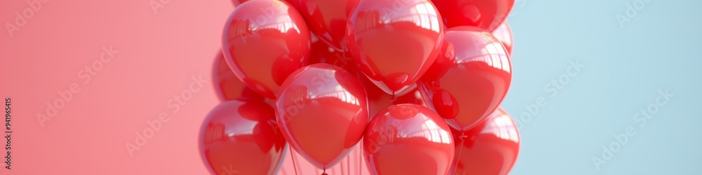 Poster monochrome red balloons on pastel red background - minimalistic composition with vibrant, uplifting 