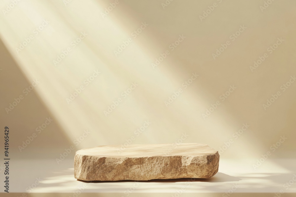 Aufkleber minimalist raw wooden podium on beige gradient background with subtle golden light beams and diffuse