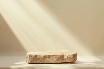 Minimalist Raw Wooden Podium on Beige Gradient Background with Subtle Golden Light Beams and Diffused Spotlight Effect