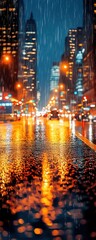 Light rain falling on a city street at night, wet weather, reflections on the pavement