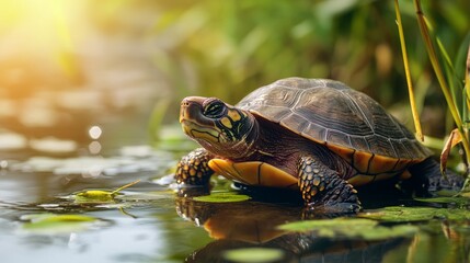 Fototapeta premium Critically Endangered Yangtze Turtle Enjoying Sunlight on Riverbank, Surrounded by Lush Reeds, Reflective Water Surface Highlighting Urgent Conservation Needs