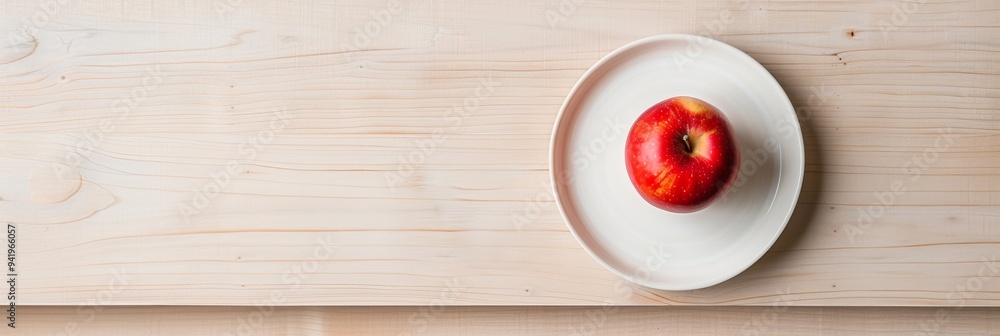 Poster minimalistic visual of a single red apple on a white plate on light wooden table in daylight – clean