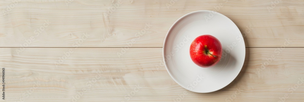 Poster Minimalist Stock of a Red Apple on a White Plate on Light Wooden Table with Generous Copy Space, Perfect for Backgrounds and Design Concepts, Daytime, Simple and Clean Composition