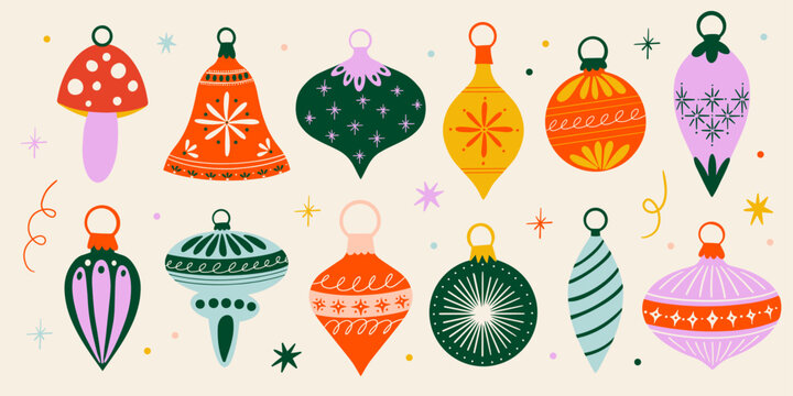 Collection of beautiful ornament winter holiday decorations for Christmas tree vector cartoon flat illustration, retro Xmas baubles stickers set, hanging toys design elements