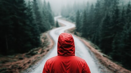 A person wearing a red jacket stands with their back to the camera, facing a winding path in a foggy forest. The image conveys a sense of exploration and introspection.