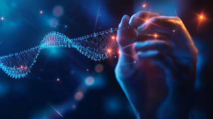 Hand Interacting With Digital DNA Strand
