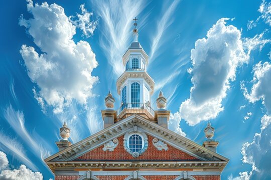 A close-up view of a historic building tower with a lightning rod and a dramatic sky filled with clouds