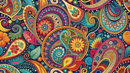 Intricate, swirling paisley patterns in vibrant colors and abstract shapes fill the frame, creating a mesmerizing, ornate, and stylized graphic design element for various projects.