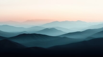 A harmonious display of mountain ranges layered in mist, bathed in soft pastel hues and gentle morning light, creating a peaceful and tranquil scene of natural beauty.
